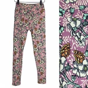 LULAROE Leggings OS One Size Floral Flowers Berries Mauve Green Yellow Cream